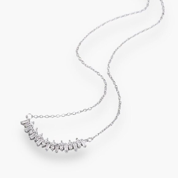 NWT 14K White Gold Plated CZ Curved Arc Center Cluster Necklace 16” Women's - Picture 4 of 12